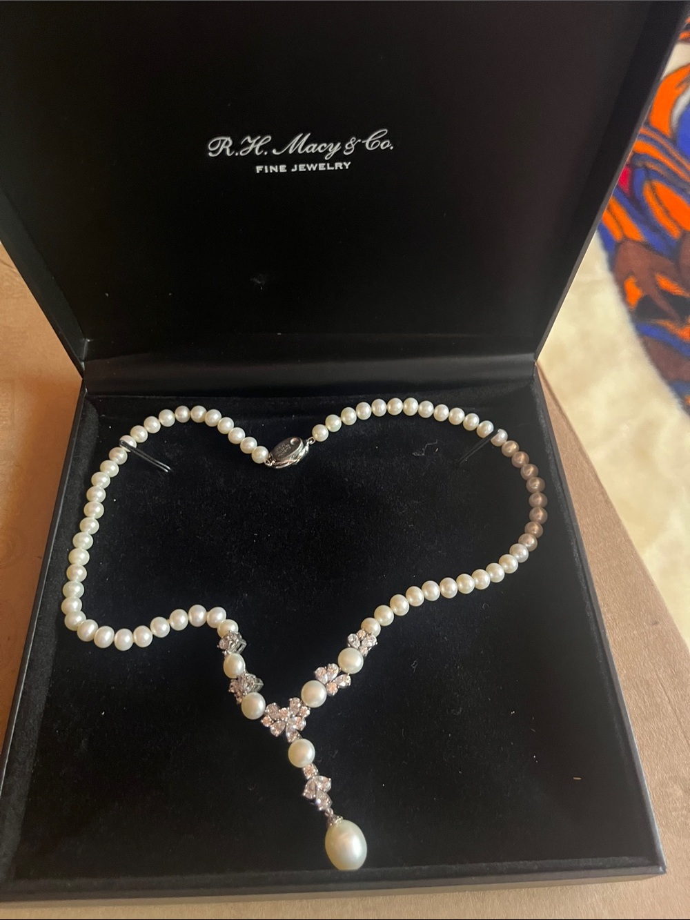 Macy's White Pearl Necklace with Crystal Drop